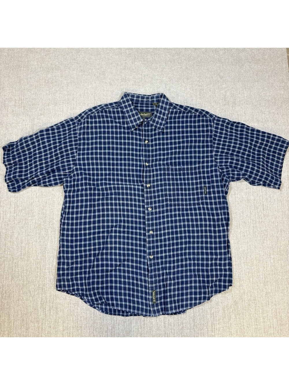 Vintage 90s Timberland Weathergear Mens XL Blue White Plaid Short Sleeve Shirt